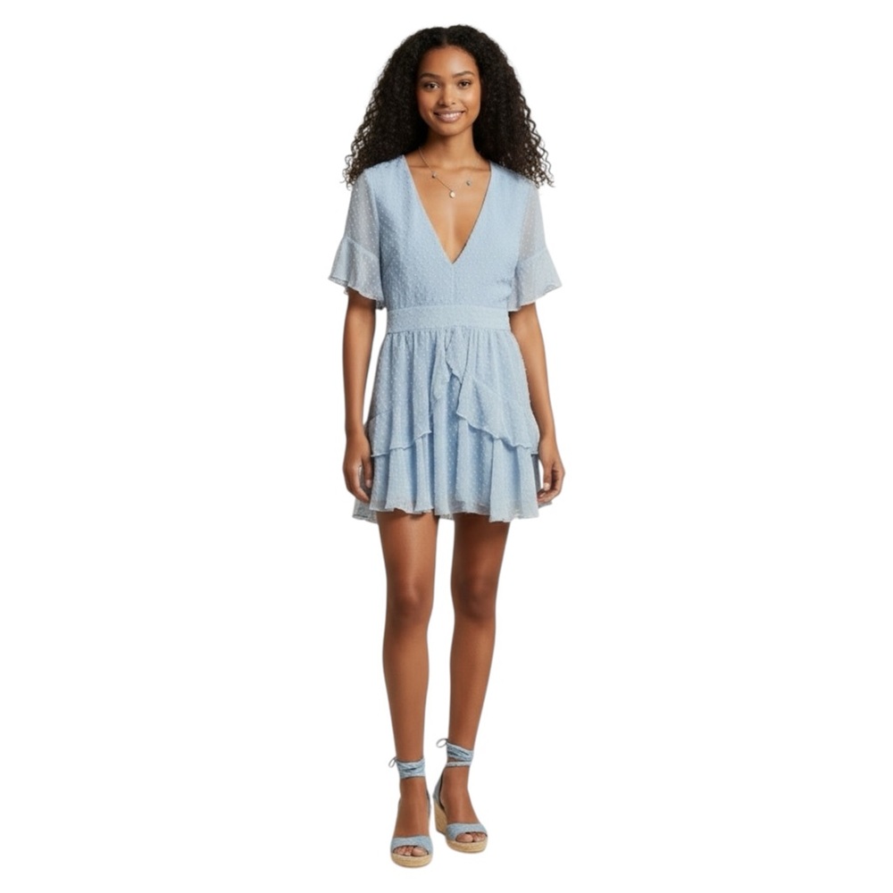 Showpo Polka Dot Ruffle Dress Women’s US‎ 10 Baby Blue V-Neck Tie Back